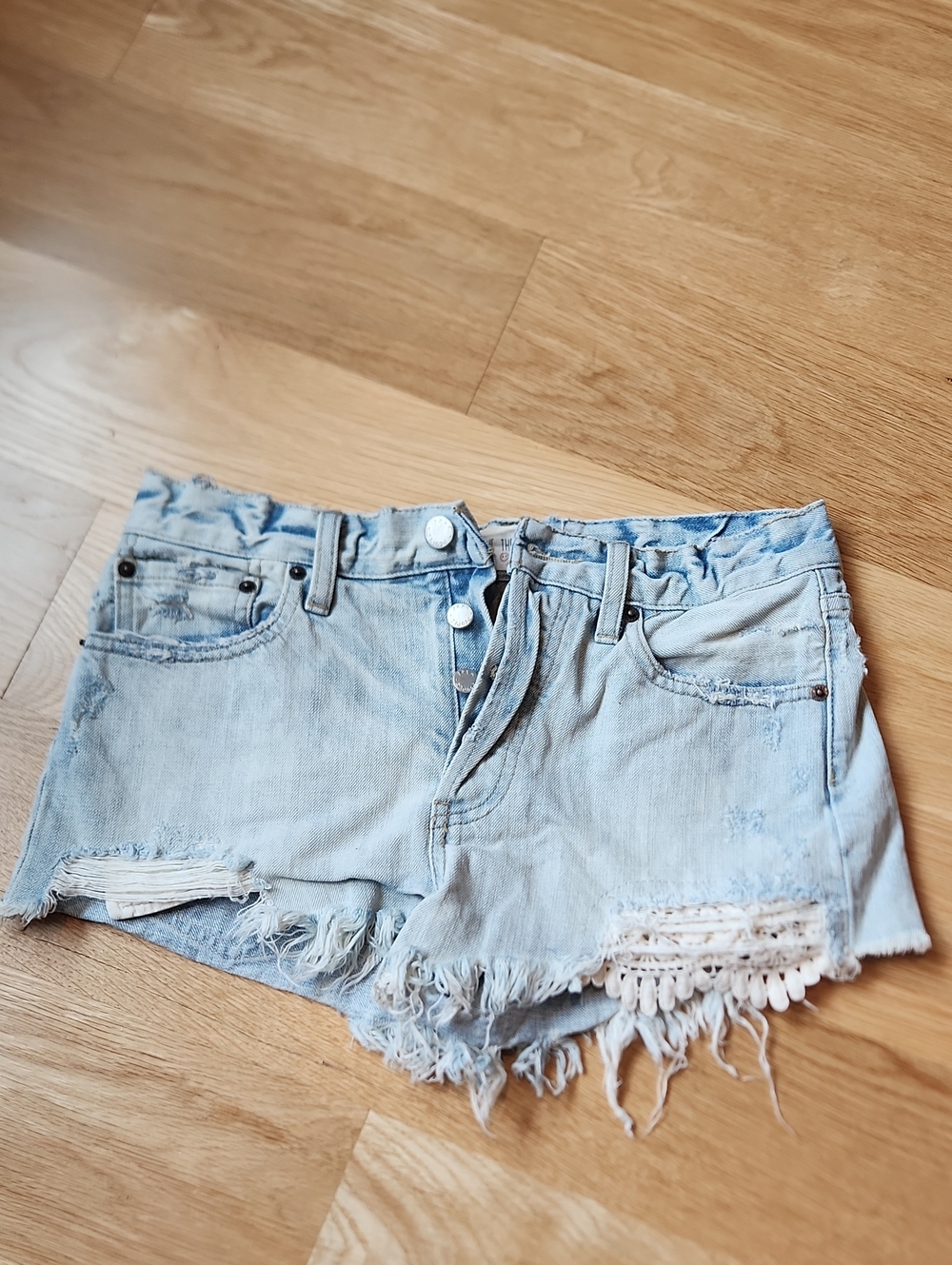 We The Free Light Blue Distressed Lace-Trim Denim Cutoff Shorts
